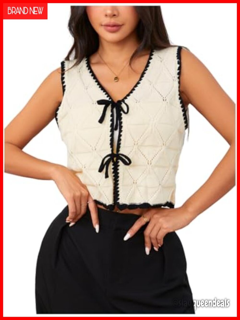 Women's Sweater Vest Sleeveless V-Neck Tie Front Cropped Knit Top Spring Fall